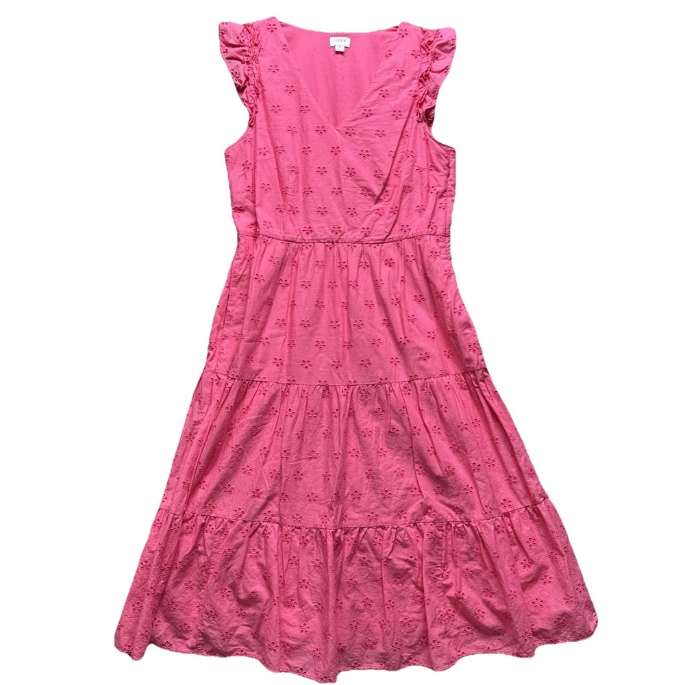 J Crew Dress Womens 8 Candy Pink Eyelet V Neck Tiered Midi Flutter Sleeve Preppy